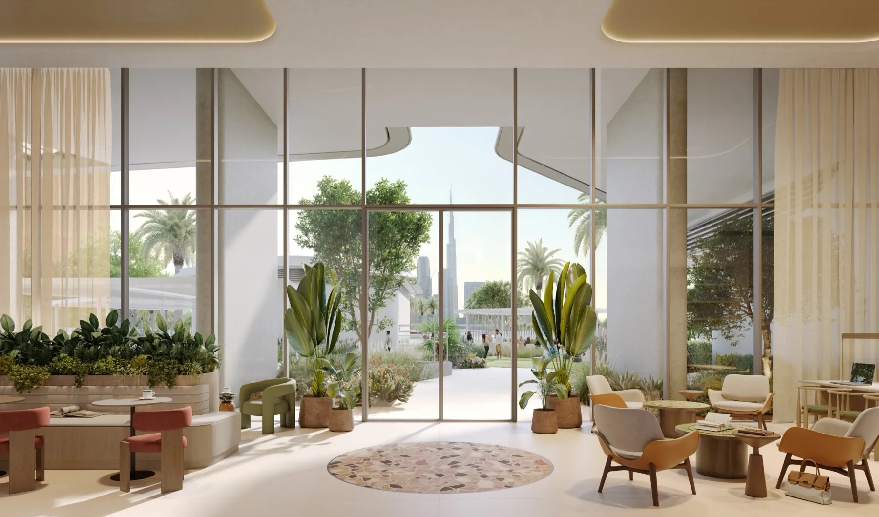Lounge résident premium en fin de journée · design & lumière chaude