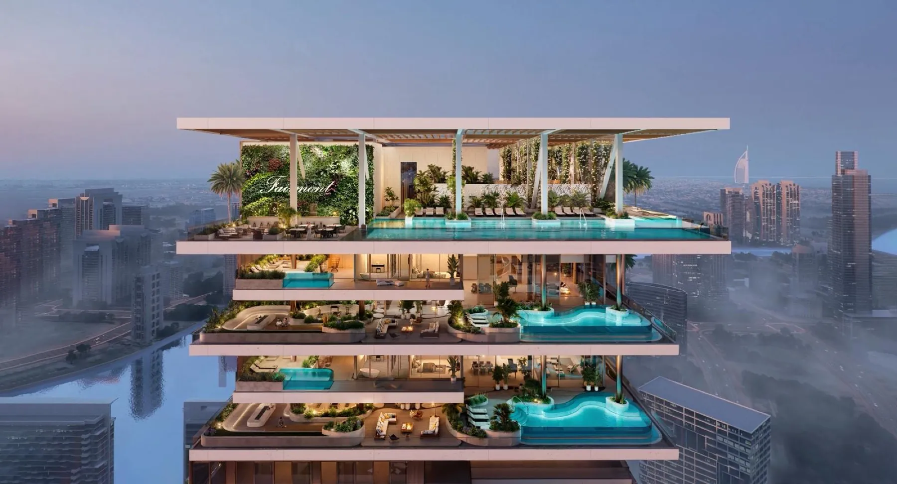 Étages penthouse · enseigne Fairmont et piscines privées vues de l'extérieur