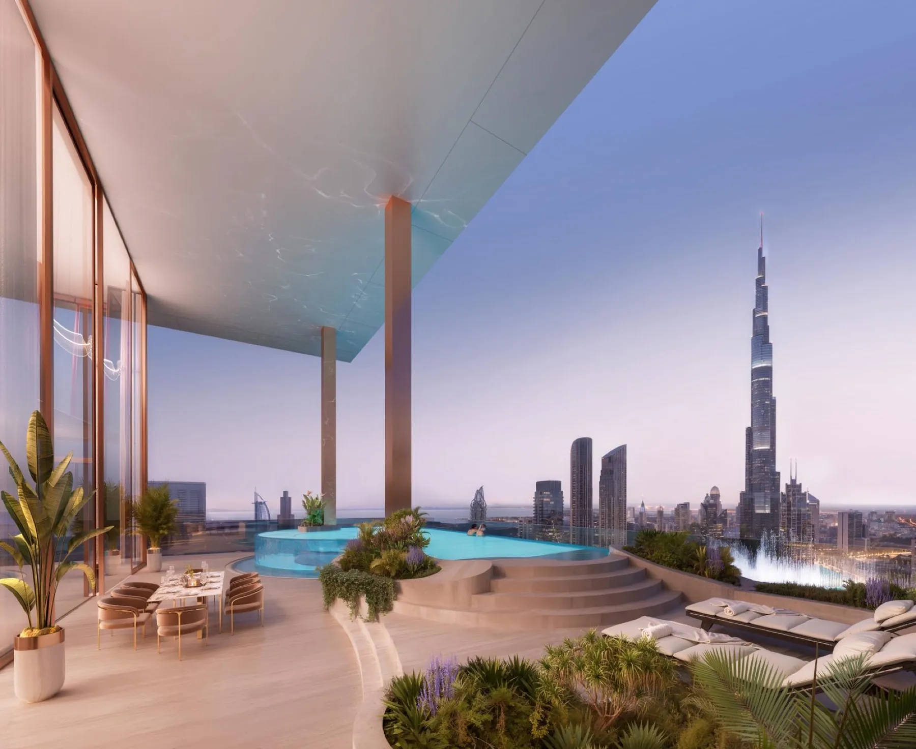 Terrasse penthouse · piscine privée · Burj Khalifa au coucher du soleil