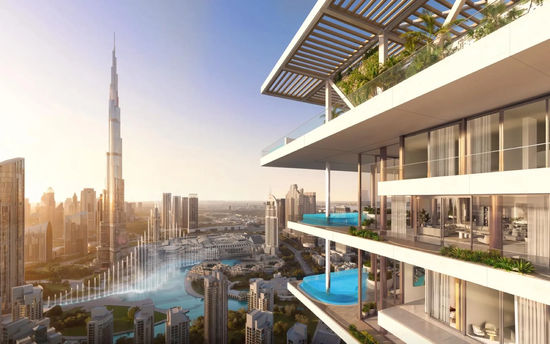 Burj Khalifa et Downtown Dubaï au coucher du soleil — épicentre du marché immobilier émirien