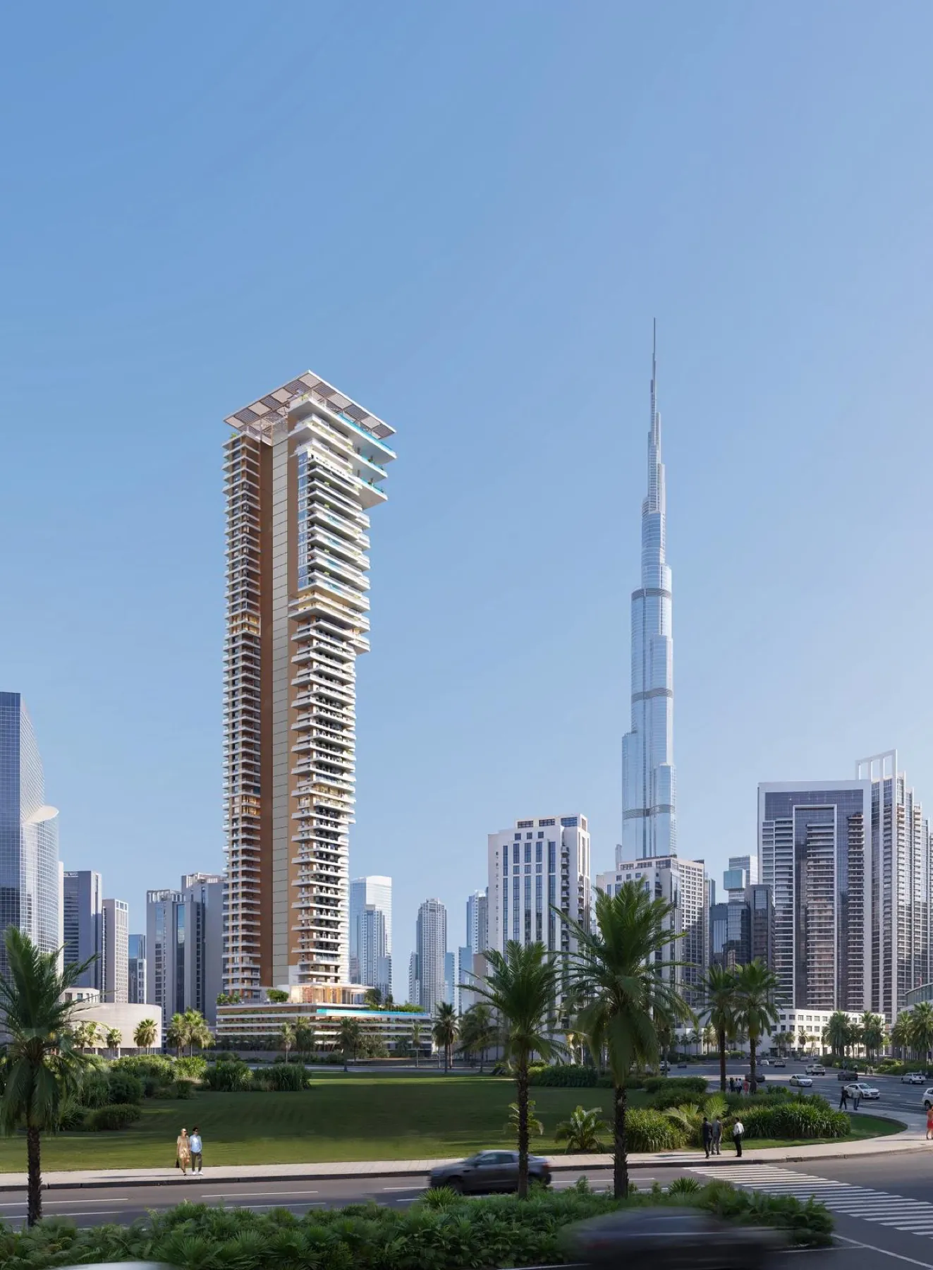 Solara Tower de jour · vue de face avec Burj Khalifa