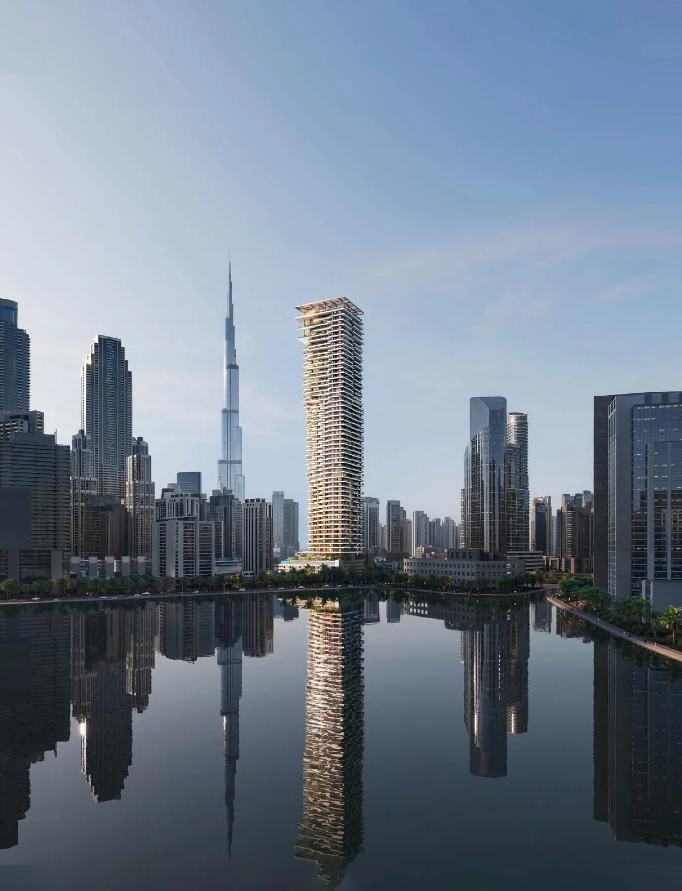 Solara Tower au crépuscule · reflet dans le canal · Burj Khalifa