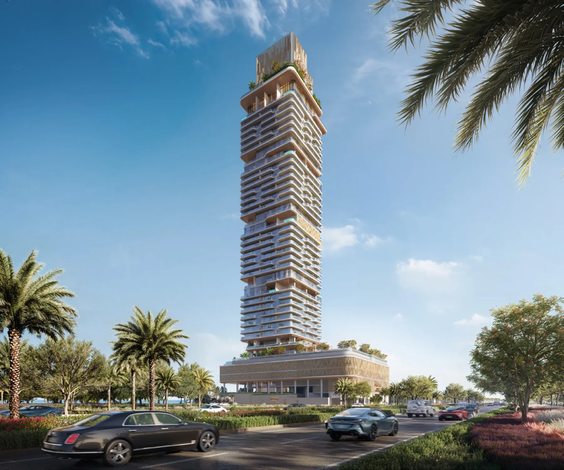 Hilton Residences Dubai Maritime City · tour iconique encadrée par des palmiers