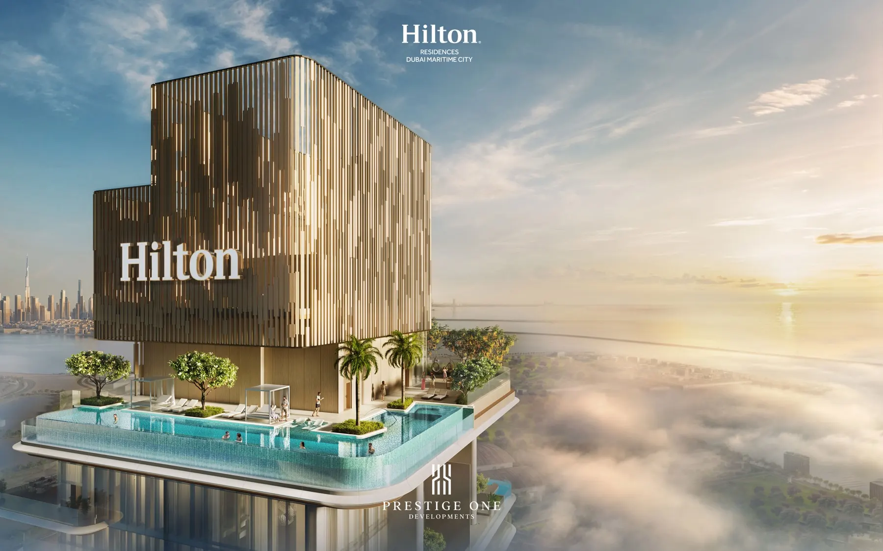 Hilton Residences Dubai Maritime City · couronnement de la tour, infinity pool et skyline Burj Khalifa au coucher du soleil