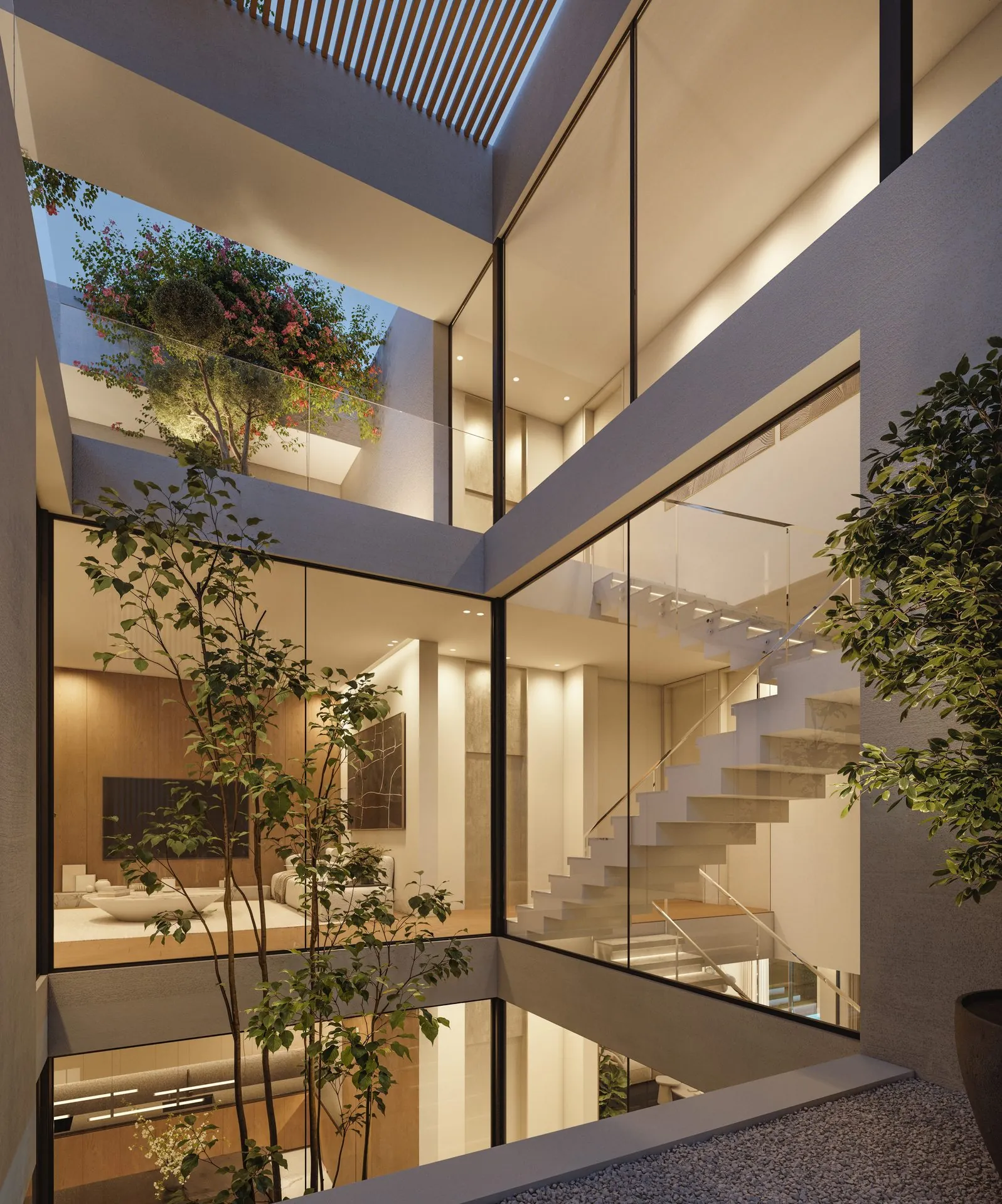 Escalier dans atrium végétalisé