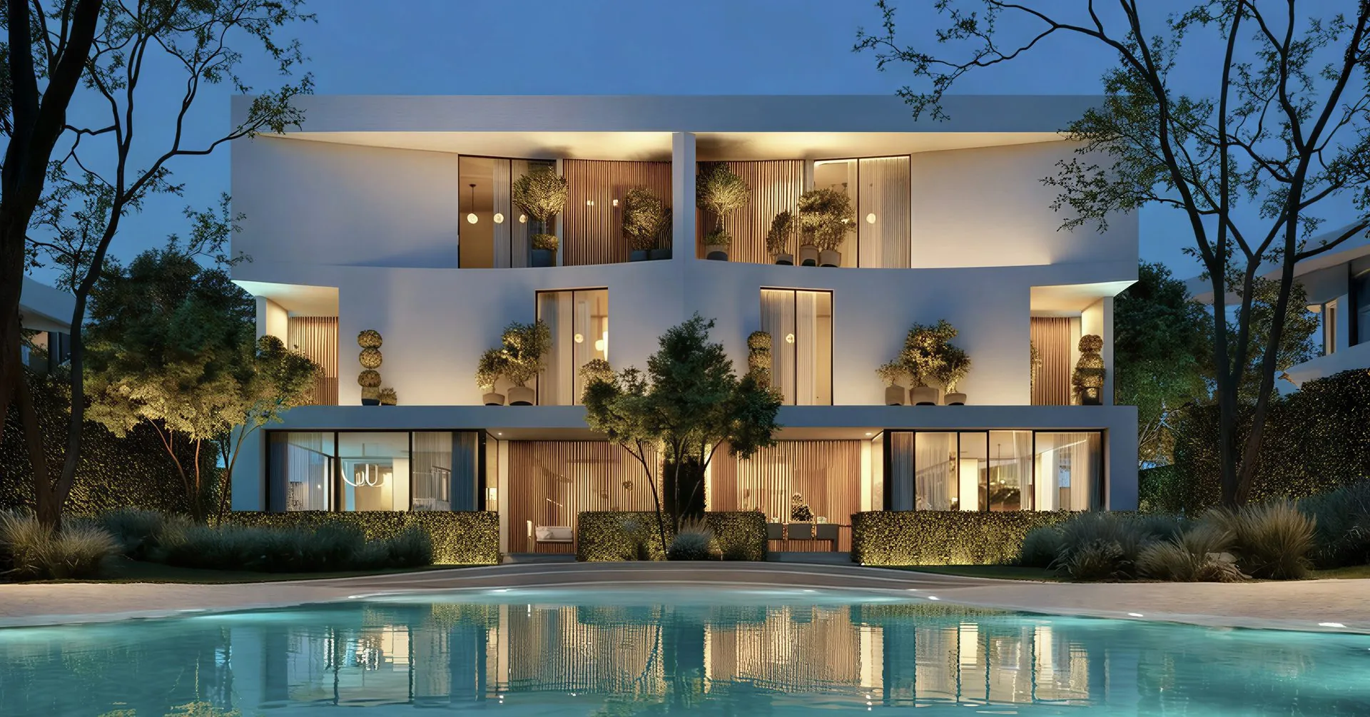 Résidence avec piscine et arbre