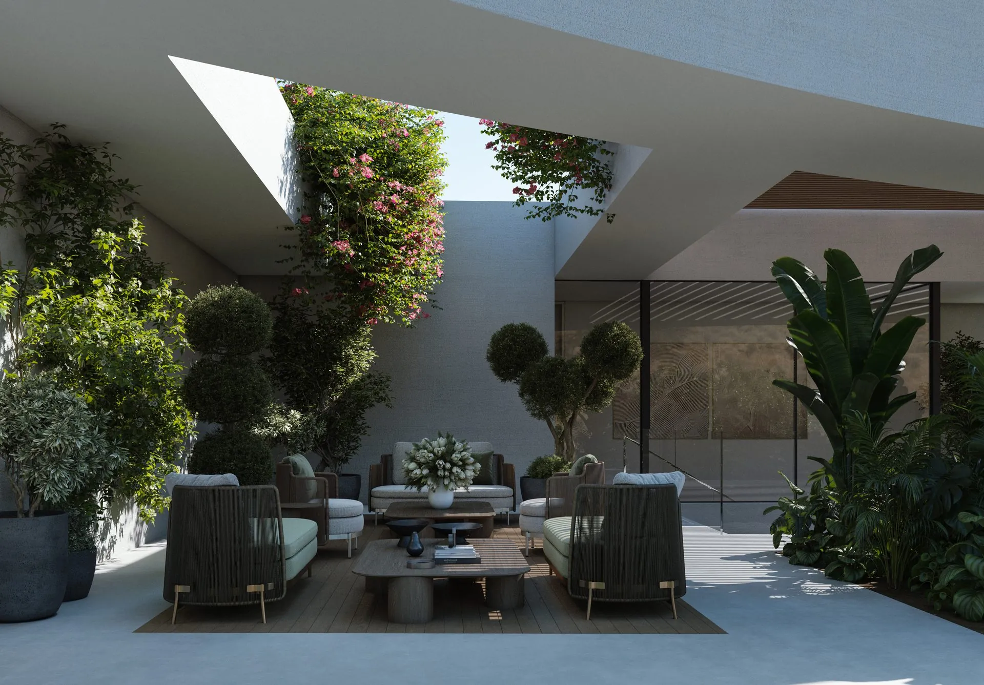 Salon de terrasse sous bougainvillier
