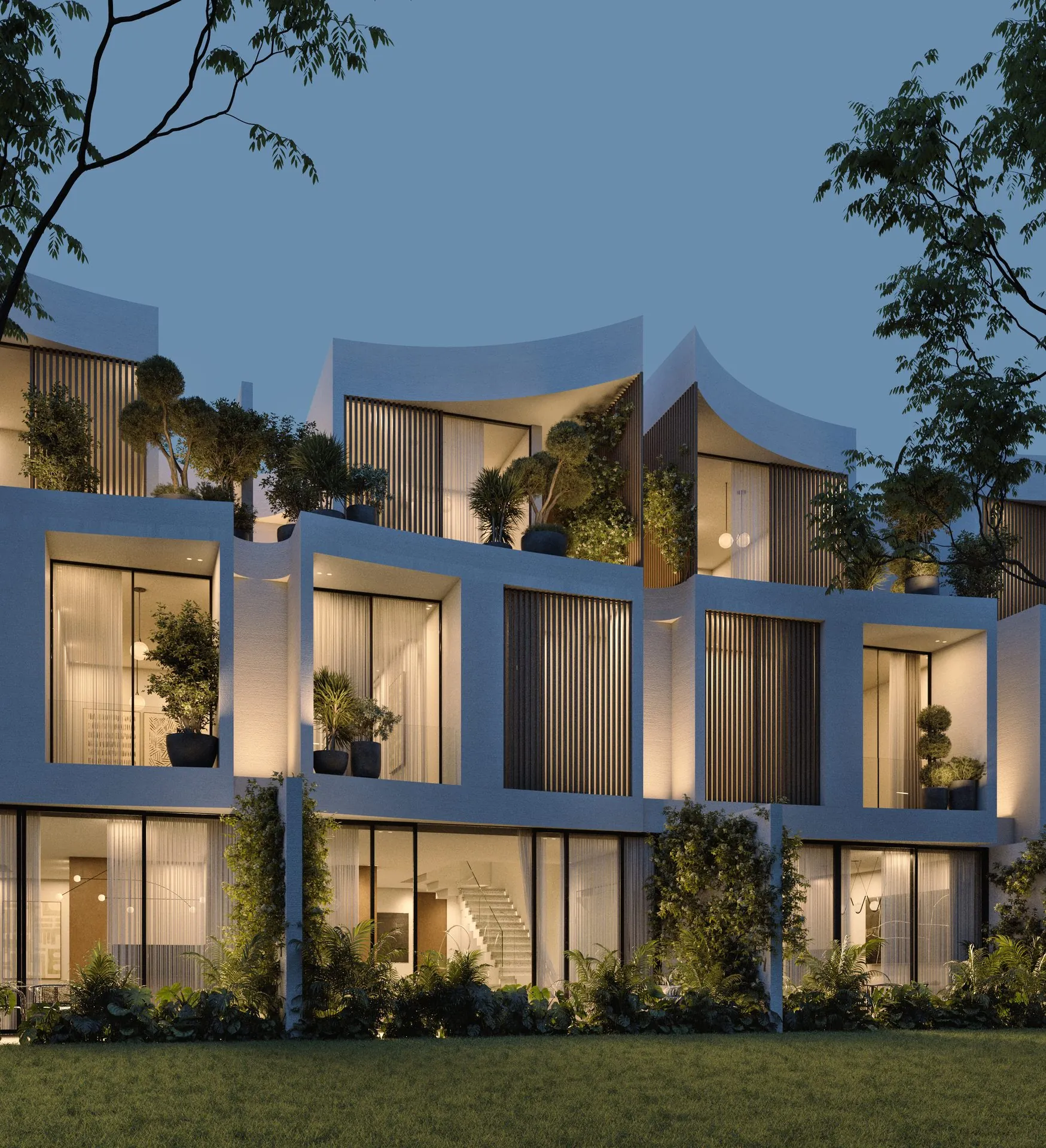 Townhouses vues de l'arrière, nuit