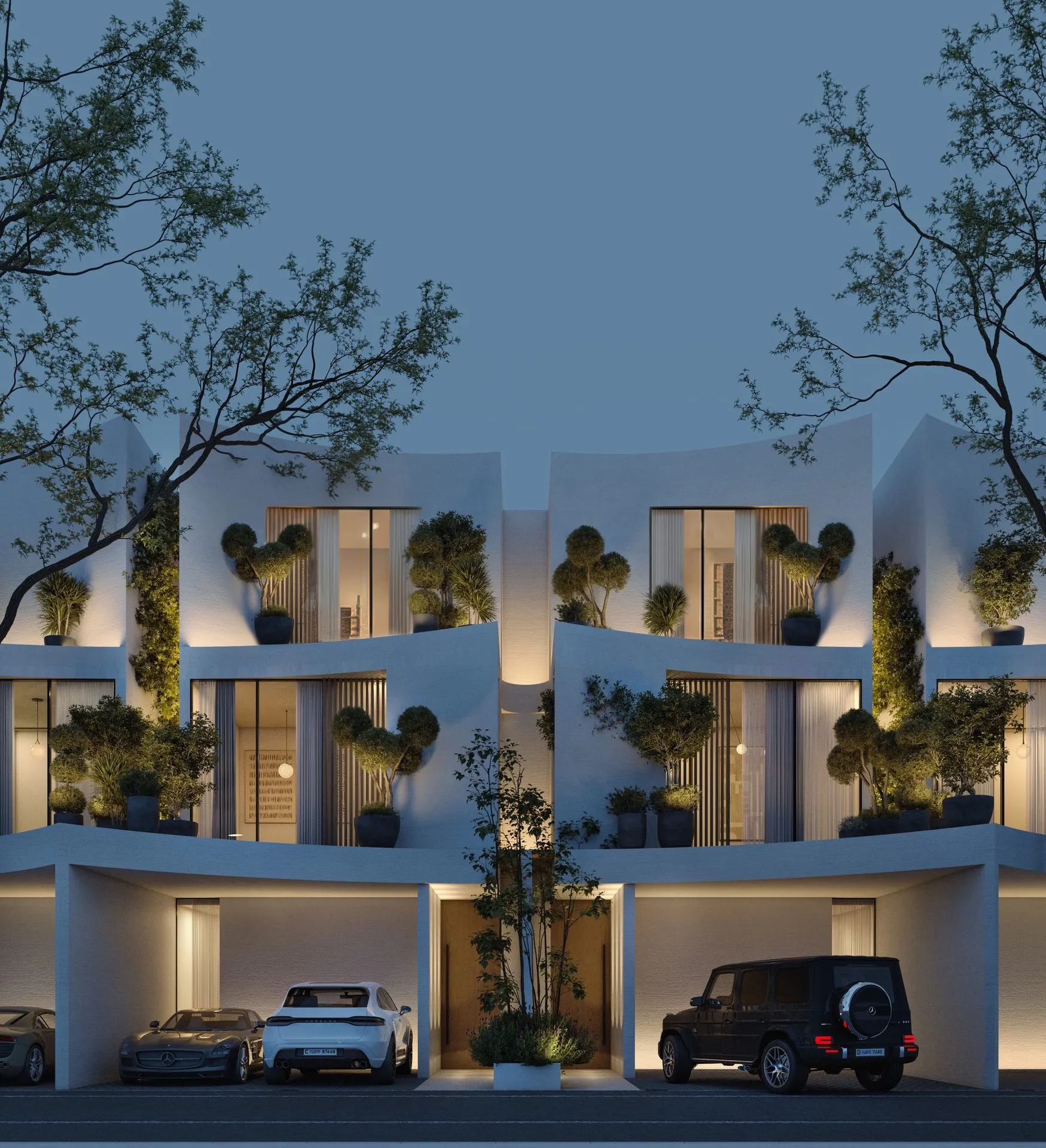 Façade de townhouses de nuit