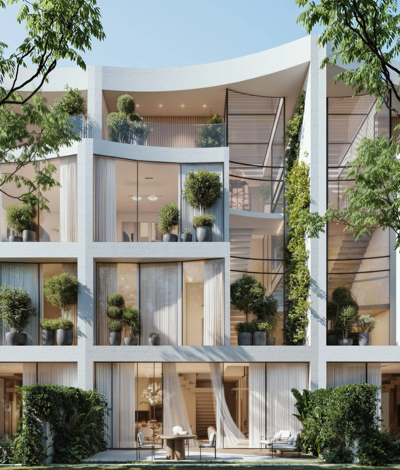Façade de villa avec balcons végétalisés