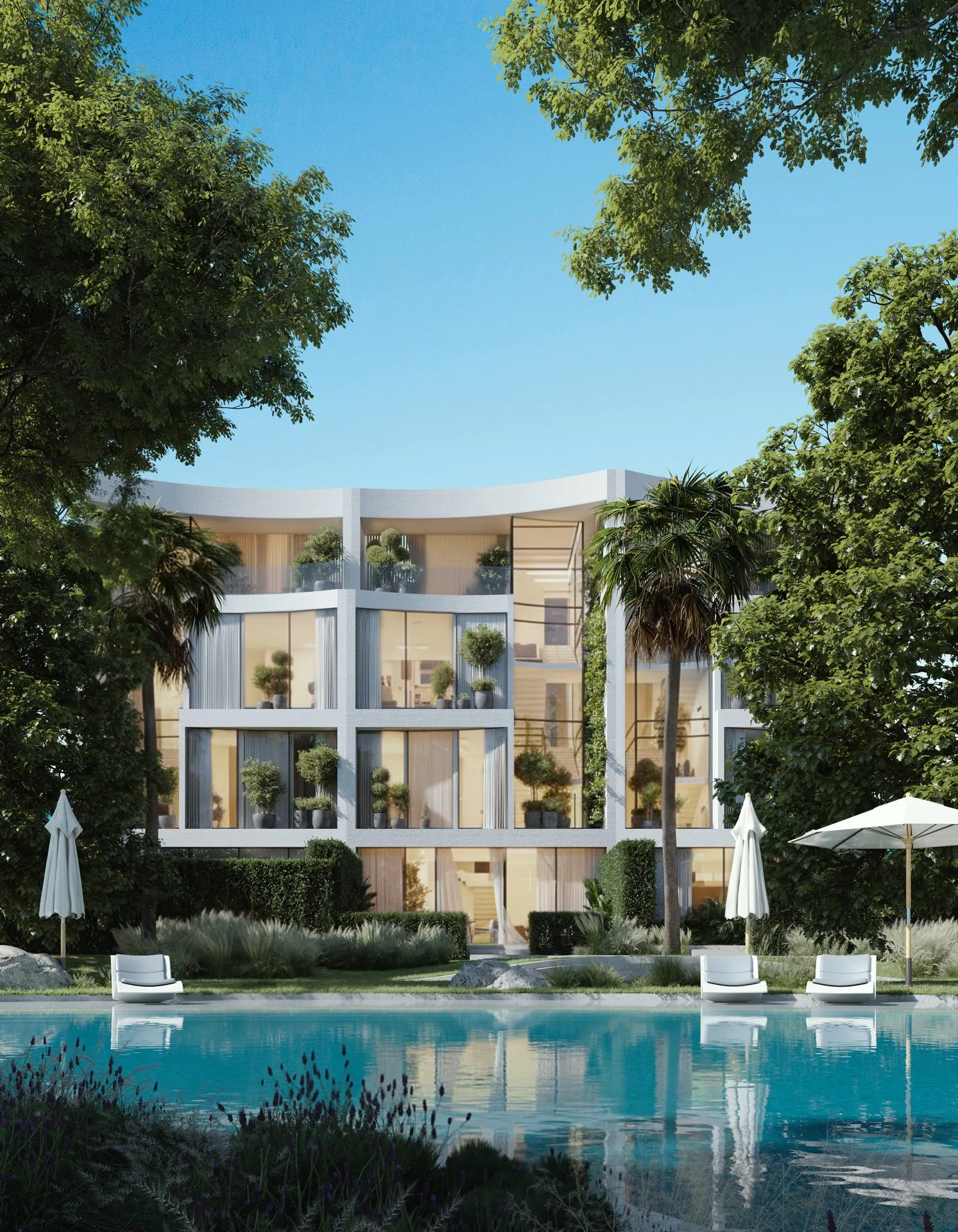 Villa, piscine et arbres